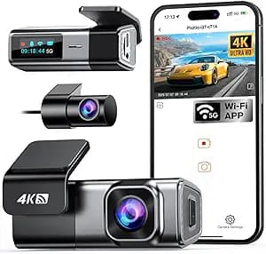 4K Dash Cam Front and Rear, Built-in 5G WiFi, Dash Camera for Cars 4K Front and 1080P Rear, Dashcams for Cars Loop Recording, Gravity Sensor, 24-Hours Parking Mode, SD Card NOT Included