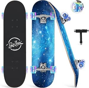 BELEEV Skateboard 79 x 20 cm, Complete Cruiser Skateboard for Children, Teenagers, Adults, 7-Layer Canadian Maple Double Kick Deck, Concave with All-in-One Skate T-Tool for Beginners