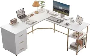 Techni Mobili L Shaped Desk - Two-Toned Computer Desk with Drawers & Storage Shelves - Simple Modern Furniture & Home Office Space Corner Table for Work & Writing | 59" two‑tone L‑shaped desk with storage shelves, durable frame, modern corner workstation, spacious home office writing space
