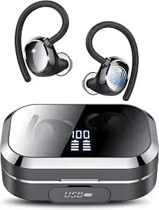 KT1 Bluetooth Headphones Wireless Earbuds 120hrs Playtime Wireless Charging Case Digital Display, Ear Buds with Earhook,IPX7 Waterproof, Deep Bass 2.0,Over-Ear Earphones for Sport Running