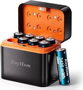 8-Pack Rechargeable Lithium aa Batteries with Charger, 1.5V Constant Output, 3400mWh High Capacity, 8-Slot Double A Li-ion Charger with Smart Charging, Multiple Charging Protections