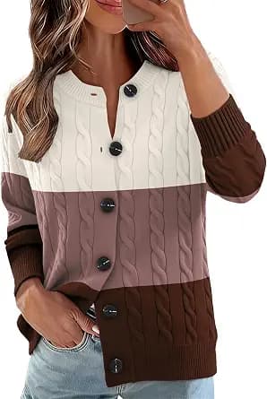 Ivicoer Cardigan Sweaters for Women Cable Knit Long Sleeve Open Front Cardigan Crewneck Trendy Clothes S-XL