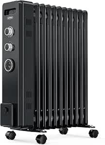 VonHaus Oil Filled Radiator 11 Fin – Oil Heater Portable Electric Free Standing 2500W for Home, Office, Any Room – 24 hour Timer, Adjustable Thermostat, 3 Heat Settings, 4x Wheels, 1.5m Power Cable