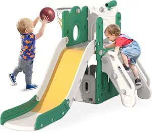 BIERUM 7 in 1 Toddler Slide, L-Shaped Baby Slide for Toddlers Age 1-3 with Basketball Hoop, Ring Toss, Storage Space, Outdoor Indoor Slide Playset Toddler Playground Green Yellow