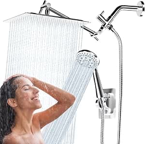 Shower Head, 8'' Rain Shower Head with Handheld Spray, High Pressure Rainfall Showerhead Combo with Adjustable Shower Extension Arm 5 Modes Handheld Shower Heads Detachable Dual Shower, Chrome