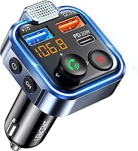 LENCENT FM Transmitter in-Car Adapter, Type-C PD 20W+ QC3.0 Fast USB Charger, Wireless Bluetooth 5.3 Radio Car Kit, Hands-Free Calling, MP3 Player Receiver Hi Fi Bass, Support U Disk