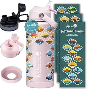 National Parks Water Bottle with 63 Waterproof Stickers – 32 oz Insulated Stainless Steel Bottle, 2-IN-1（Straw Spout）& Dustproof Lids, BPA-Free, Camping Hiking Travel Gifts (Pink)