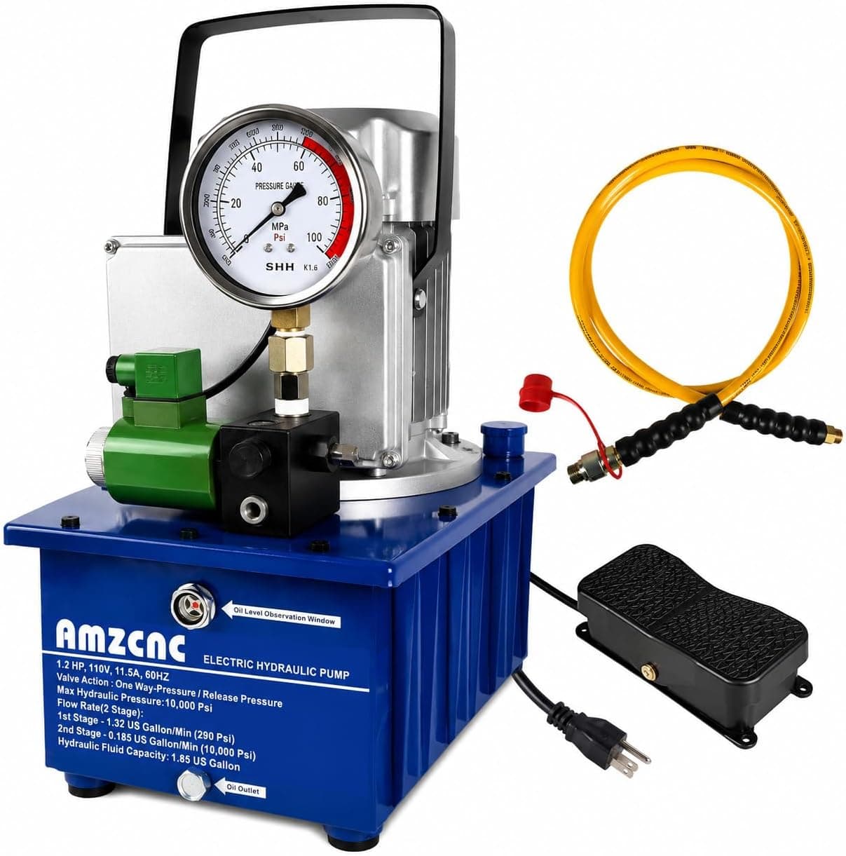 Electric Driven Hydraulic Pump, 750W 10,000 PSI, 110V Single Acting Hydraulic Pump Power Pack Unit, Solenoid Valve with Pedal Switch, 2.1 Gal / 8L, for Punching, Bending, Single Acting Cylinders