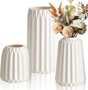 Set of 3 Boho Vases, Ceramic Vases, Modern Vases, Decoration, Beige Vase, Flower Vase, Small Vases for Pampas Grass Flower, for Living Room, Table, Windowsill Decoration (White-A)