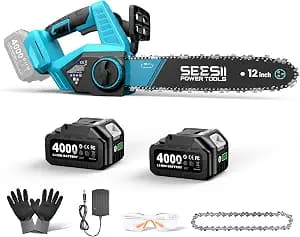 SEESII Electric Chainsaw Cordless 12-inch, Handheld Chain Saws with 2 x 4.0Ah Battery, Tree Saw with Tool-free Chain Tension, Auto Oiling for Wood Cutting Trimming Branch
