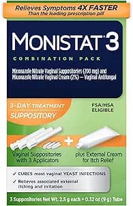 Monistat 3-Day Yeast Infection Treatment for Women, 3 Miconazole Vaginal Suppositories & External Itch Relief Cream (9g Tube) Combo Pack
