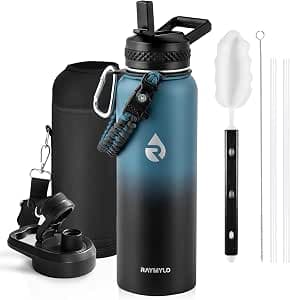 Insulated Water Bottle 40 oz, Triple Wall Vacuum Stainless Steel (Cold for 48 Hrs), Leak Proof & Non-BPA, Modern Water Flask Jug with Paracord Handle & Straw Spout Lids, Indigo/Black