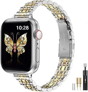 MioHHR Slim Metal Band Compatible with Apple Watch Band 42mm(Series 11 10) 41mm(Series 9 8 7) 40mm(Series 6 5 4 SE3/2/1) 38mm(Series 3 2 1),Stainless Steel iWatch Bands for Women,Silver/Gold