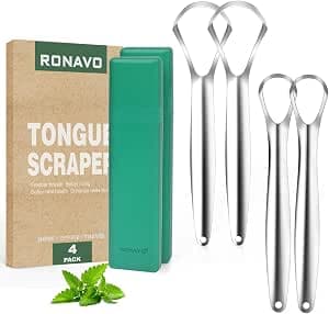 RONAVO Tongue Scraper Cleaner for Adults and Kids with Handy Travel Case, Professional Heavy Duty Scraper, Healthy Oral Care, Fights Bad Breath Odor, Easy to Use, 2 Sizes (4 Pack)