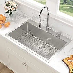 Sarlai 33 Kitchen Sink Drop In - 33 x 22 Inch Kitchen Sink Drop In Stainless Steel Topmount 16 Gauge Deep Single Bowl Above Counter Sinks Basin