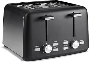 Amazon Basics 4 Slice Toaster, 7 Browning Settings, Extra Wide Slots for Bagels and Specialty Breads, Removable Crumb Tray, Cancel/Defrost/Bagel Buttons, 1500W, Black & Silver