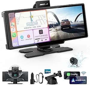 Portable Apple Carplay Screen, 10’’ Car Stereo Wireless Car Play & Android Auto Touch Screen, 4K Dash Cam, 1080P Backup Camera, Mirror Link/Voice Control/Music Play/GPS Navigation