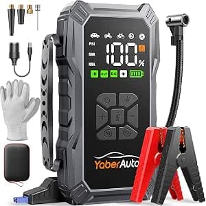 YaberAuto Jump Starter Power Bank with Compressor, 150 PSI 6000 A Car Jump Starter, 23800 mAh Jump Starter Power Bank, Jump Starter (All Petrol and 10.0 L Diesel Engine) with LCD Screen and 500 Lumen Emergency Light