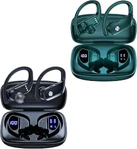 bmani 2 Sets Wireless Earbuds Bluetooth Headphones 48hrs Play Back Sport Earphones with LED Display Over-Ear Buds with Earhooks Built-in Mic Headset for Workout Black + Green