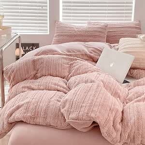 Michorinee Plush Duvet Cover 220 x 240 cm Pink – Warm Winter Flannel Fleece Bedding Set – Double Bed Linen with Zip + 2 Pillowcases 65 x 65 cm