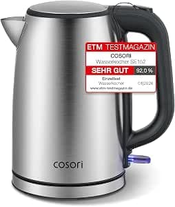 COSORI Stainless Steel Kettle, BPA-Free, 1.7 L, Strix Technology, Boils in 3 Minutes, 2200 W, Large Opening, Boil-Dry Protection, 360° Rotating Base, Silver/Black