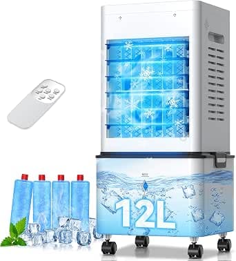 Mobile Air Conditioner, Portable Air Cooler with Water Cooling, 12 L, 24 H Timer, 6 Speeds, Remote Control, Air Conditioner, Air Conditioner, Without Exhaust Hose, for Home, Attic, Office