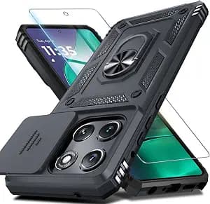 for Moto G Stylus 5G 2026/2025 Case Built in Slide Camera Cover | with Tempered Glass Screen Protector+Finger Ring Holder Kickstand,Heavy Duty Shockproof Full Body Phone Cover,Black