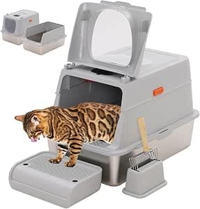 Cat Toilet, Stainless Steel, Closed, XXL, 60 x 40 cm, Large with Cat Litter Shovel and Pedal, Easy to Clean, Light Grey