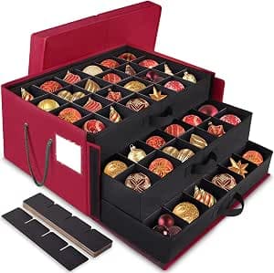 Christmas Ornament Storage Box，Stackable 3 Drawer Organizers，Max 72 3" Christmas bauble, Adjustable Christmas Ball Storage Container Bins, Red