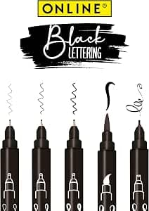 Online 5 x Fineliner Black Water Resistant with Brush Pen, Fineliner Tips and Calligraphy Tip Black Hand Lettering Set Ink Pens for Bullet Journal, Sketchnotes & DIY Gifts