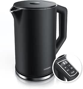 Arendo Stainless Steel Kettle with Temperature Setting 40-100 Degrees in 5 Steps, Double Wall Design, Elegant Model, 1.5 Litres, 2200 W, Kettle with Temperature Display, GS, Black