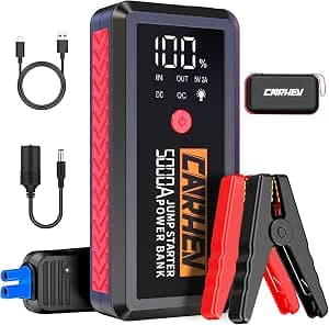 5000 A Jump Starter Power Bank for Cars, Booster Car Jump Starter, 12 V Starter Power Bank (up to 8.0 L Petrol or 8.0 L Diesel) Car Battery Booster with Quick Charge USB Outputs and LED Torch
