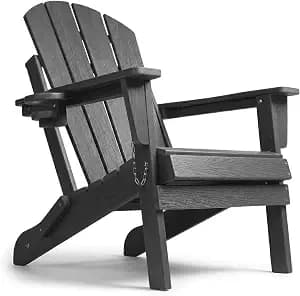 HDPE Adirondack Chair, Folding Outdoor Patio Chair with Cup Holder, Weather Resistant Wood Grain Lawn Chair for Backyard, Garden, Fire Pit, Deck, Gray