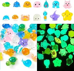 Beadthoven 28pcs Luminous Mini Resin Sea Animals Figures, Fish Crab Star Turtle Figurine Glow in The Dark Miniature Ocean Animal Ornaments for Fish Tank Potted Garden Decoration DIY Micro Landscape