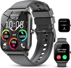 CASCHO Women's Men's Smart Watch, 1.85 Inch HD Smartwatch, 115+ Modes, Sports Tracker with Bluetooth Telephony, IP68 Waterproof Pedometer Watch, Standby up to 30 Days, iOS/Android – Glossy Black