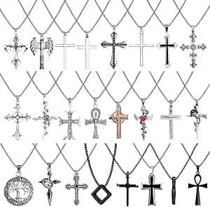 ywevyezc 12/24PCS Cross Necklace for Men, Mens Necklaces Jewelry Set Silver Chain Stainless Steel Cross Pendant Goth Necklace for Boys 16-24 inches Chain
