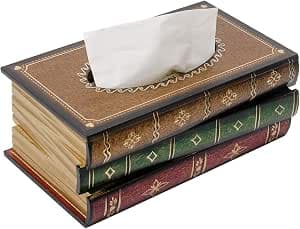Retro Wooden Antique Book Tissue Box Cover Rectangular Home Library Decor | Crafted Decorative Tissue Holder Dispenser Paper Cover Case Napkin Holder for Bathroom living room office car kitchen
