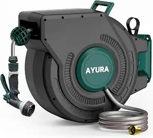 AYURA Retractable Garden Hose Reel 100 ft x 1/2 inch with Pro Metal Shaft, Heavy Duty Automatic Garden Hose Reels with Kink-Free Rewind and Lock at Any Length, Wall Mount Water Hose Reel for Outside