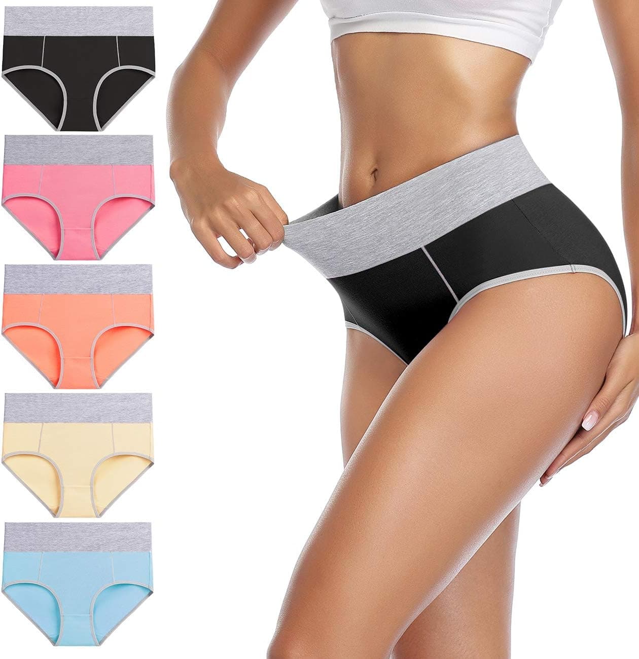 wirarpa Women's Cotton Underwear High Waist Stretch Briefs Soft Underpants Ladies Full Coverage Panties 5 Pack