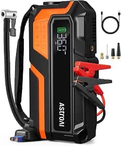 AstroAI 8000A Car Jump Starter Power Bank with Compressor for 12V Cars | Starter Power Bank for 10 L Petrol / 8 L Diesel, Motorcycles, SUVs, Booster Car Jump Starter with LED Display, Orange