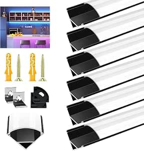 LED Profile Diffuser for Led Strip Light Trunking 6Pack 3.3FT/1M Black V-Shape Aluminum Channel with Milky White Cover, End Caps and Mounting Clips Easy Installation