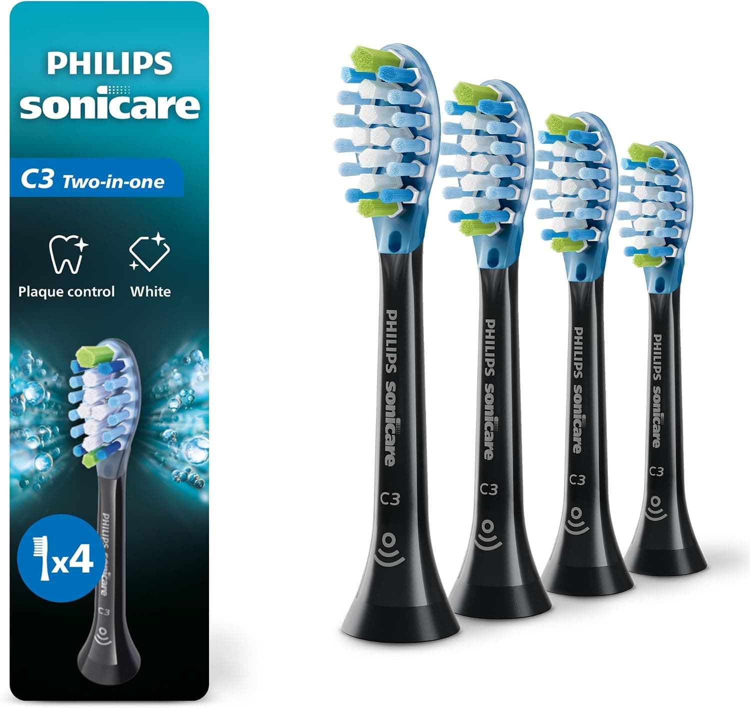 Philips Sonicare C3 Two-in-One Brush Heads, 4-Pack, 1 Year Supply, Black
