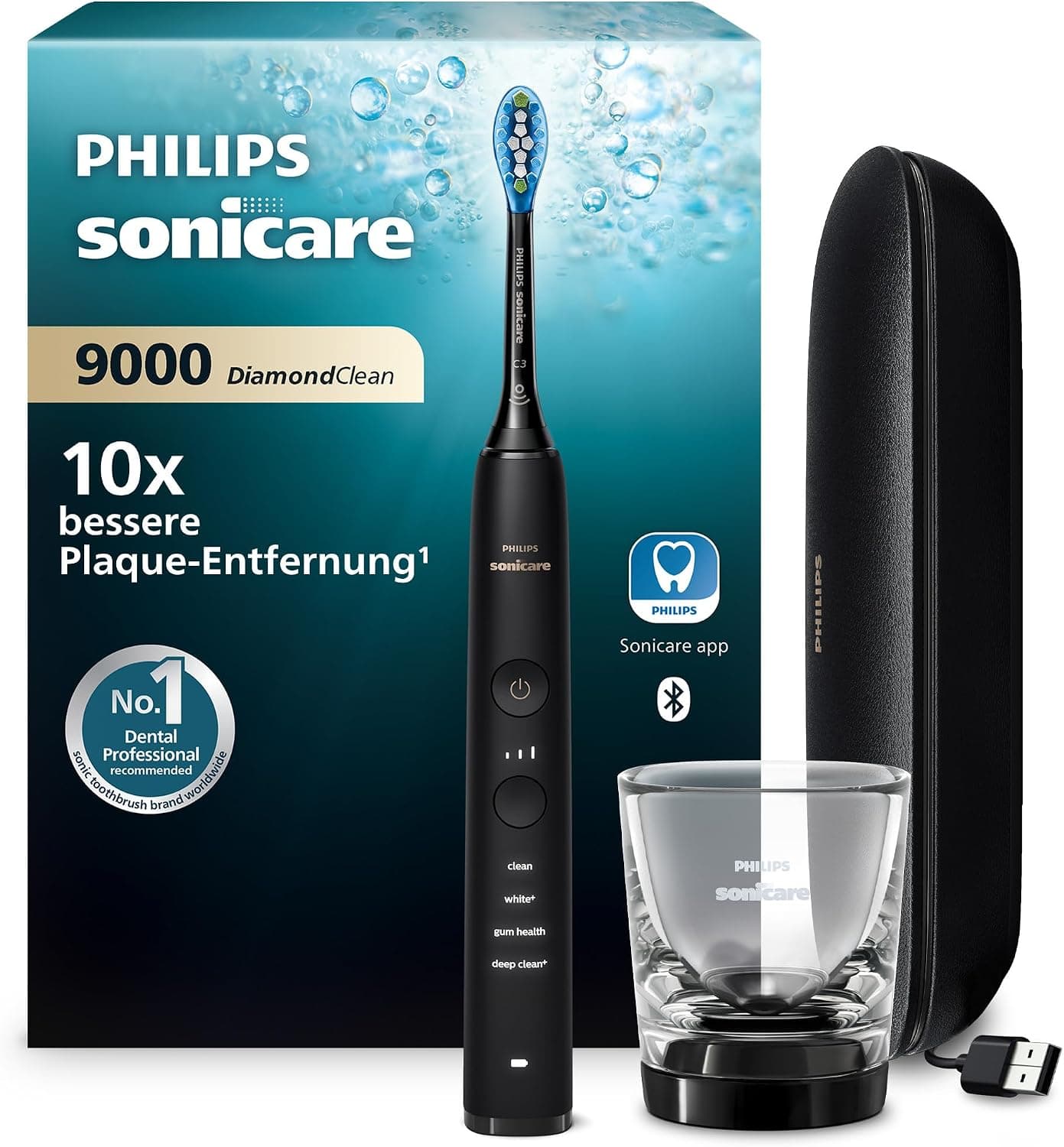 Philips Sonicare DiamondClean 9000 Electric Toothbrush HX9911/09, Sonic Toothbrush with 4 Cleaning Programmes, 3 Intensities, Pressure Control, Charging Glass and USB Travel Case, Black