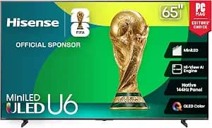 Hisense 65" Class U6 Series Mini-LED 4K UHD Smart Fire TV (65U65QF, 2025 Model) - QLED, Native 144Hz, HDR10+, Dolby Vision IQ, Dolby Atmos, Game Mode Pro, ALLM, Alexa Built in, Black