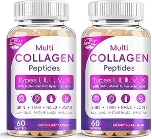 Nature's live Multi Collagen Peptides Softgel - Type I, II, III, V, X | Hydrolyzed Collagen Peptides with Biotin, Hyaluronic Acid, Supports Skin Hair Nail, Grass-Fed, 60 Softgels, 2 Pack