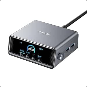 Anker Prime Charging Station, 250W 6-Port GaN USB C Charger, 2.26" LCD Smart Display Control, Compatible with iPhone, Galaxy, MacBook, Dell for Home Office, Gaming Desk Accessories