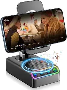 Hupoaf Adjustable Cell Phone Stand with Wireless Induction Bluetooth Speaker, HD Surround Sound for Home and Outdoors, Compatible with iPhone/iPad/Samsung Galaxy, Popular Gifts for Men Women Dad Mom