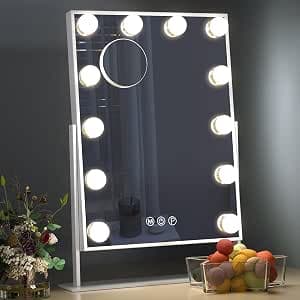 Hansong Make-Up Mirror with Lighting 12 Dimmable Bulbs Hollywood Illuminated Removable 10x Magnification 3 Colour Lighting Modes