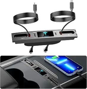 Car USB Charger Multi Port for 2021 2022 2023 2024 Tesla Model 3/Y,Multifunctional Tesla Accessories with Logo and Retractable Cable,Tesla USB hub,Gifts for Tesla Owners(Not fit Model 3 2024)