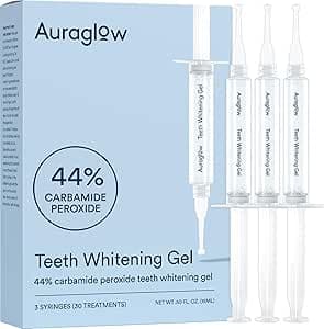 Auraglow 44% Teeth Whitening Gel for Trays, Retainers & Aligners – Dentist Strength Carbamide Peroxide Whitener, 30 Treatments, 3 Syringes (5mL)
